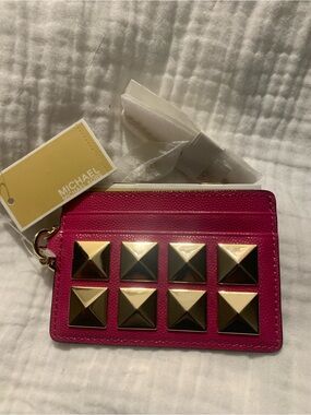 New Michael Kors Card Wallet Case ID with Gold Studs - PINK